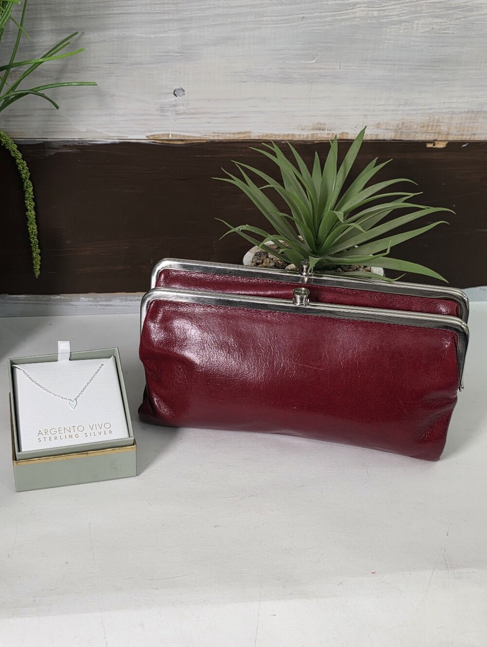 HOBO Leather double kisslock wallet/clutch & sterling silver heart necklace